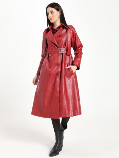 double breasted, fully lined, faux leather, maroon, long coat, warm
